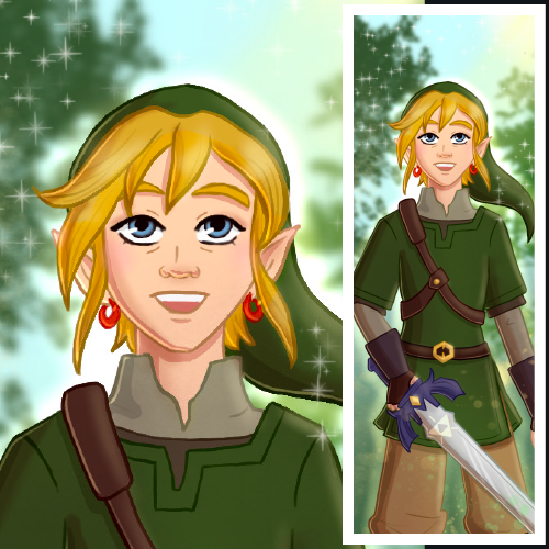 Link from the Nintendo game "Legend of Zelda: Skyward Sword" holding the Master Sword. Illustration by L.C. Ireland.