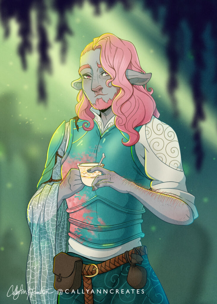 Caduceus the firbolg cleric from “Critical Role” standing in the Blooming Grove holding a cup of tea. Illustration by CallyAnn Hamilton, callyanncreates