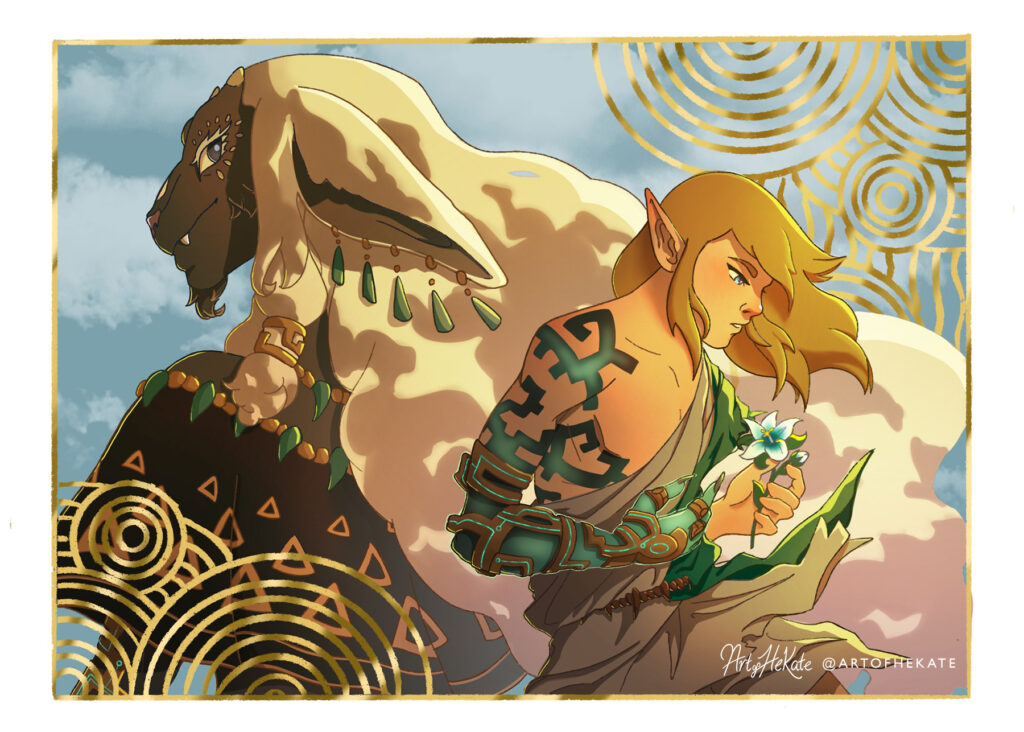 Link holding a Silent Princess flower with Rauru in the background, from “The Legend of Zelda: Tears of the Kingdom.” Illustration by HallieKate Briggs, artofhekate