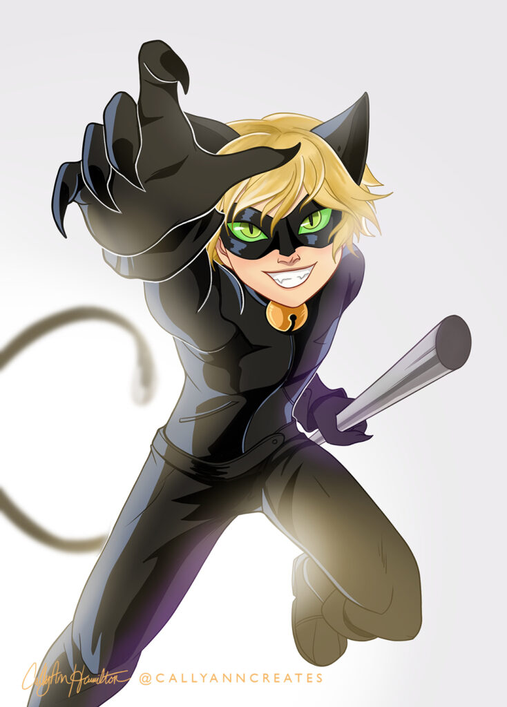 Cat Noir, aka Adrien Agreste, from “Miraculous: Tales of Ladybug and Cat Noir." Illustration by CallyAnn Hamilton, callyanncreates