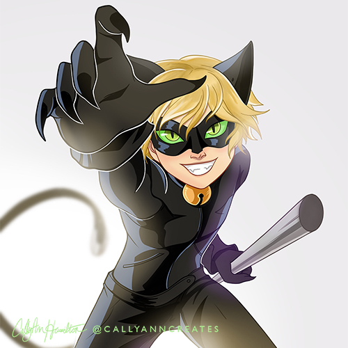 Cat Noir, aka Adrien Agreste, from “Miraculous: Tales of Ladybug and Cat Noir." Illustration by CallyAnn Hamilton, callyanncreates