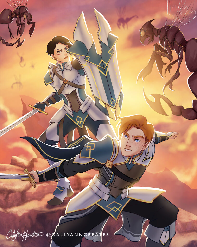 Gren and Amaya from “The Dragon Prince” standing on a mountaintop, engaged in battle with monstrous bumble-scorps. Illustration by CallyAnn Hamilton, callyanncreates