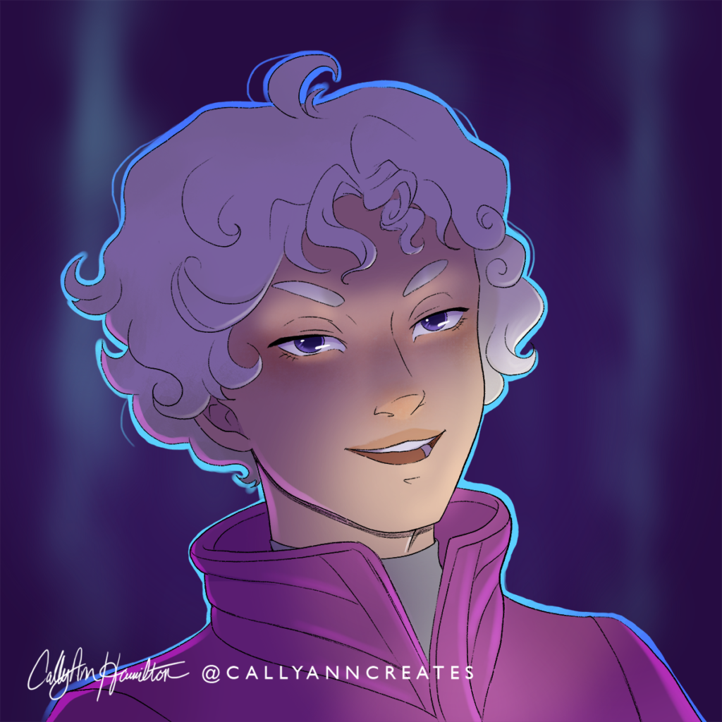 Bede from “Pokemon: Sword and Shield" against an ethereal dark purple background. Illustration by CallyAnn Hamilton.