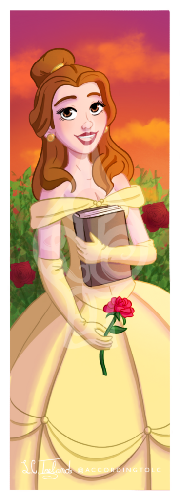 Belle from Disney's "Beauty and the Beast," holding a book and a rose. Illustration by L.C. Ireland.