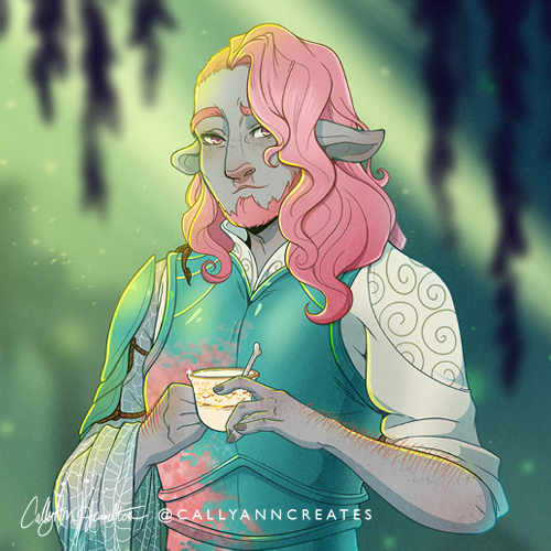 Caduceus the firbolg cleric from “Critical Role” standing in the Blooming Grove holding a cup of tea. Illustration by CallyAnn Hamilton, callyanncreates