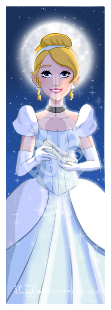 Cinderella from Disney's "Cinderella" standing in the moonlight while holding a glass slipper. Illustration by L.C. Ireland.