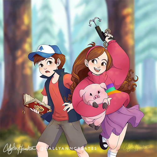 Dipper and Mabel Pines from "Gravity Falls." Dipper holds Journal #3, and Mabel holds Waddles the pig under one arm and holds her grappling hook under in her other hand. Illustration by CallyAnn Hamilton, callyanncreates