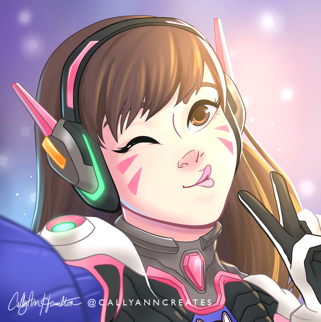 D.Va from "Overwatch" posing for a selfie. Illustration by CallyAnn Hamilton, callyanncreates