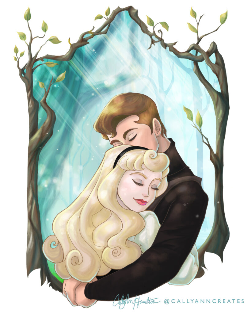 Aurora aka Briar Rose and Philip from "Sleeping Beauty" sharing a hug in a blue-green forest framed by branches. Illustration by CallyAnn Hamilton, callyanncreates