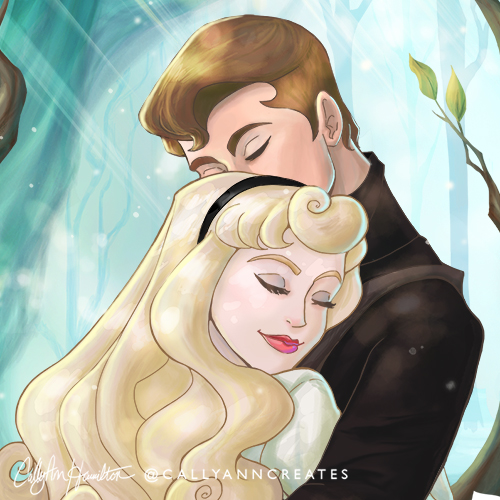 Aurora aka Briar Rose and Philip from "Sleeping Beauty" sharing a hug in a blue-green forest framed by branches. Illustration by CallyAnn Hamilton, callyanncreates