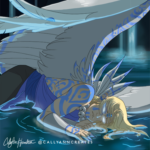 Fealare, a winged blind empath, lying in a shallow pool of water. Illustration by CallyAnn Hamilton.