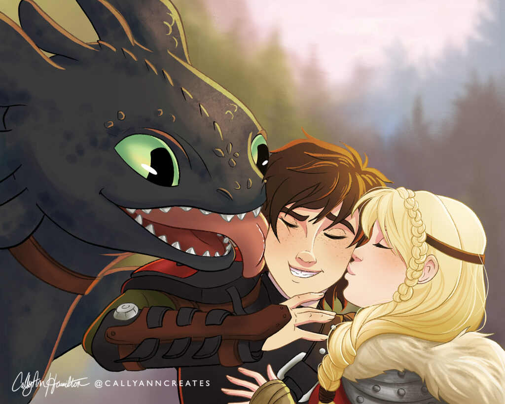 Hiccup receiving a kiss on the cheek from Astrid while Toothless licks his other cheek. Characters from “How to Train Your Dragon.” Illustration by CallyAnn Hamilton, callyanncreates