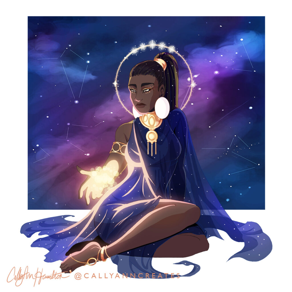 Ime, a goddess of the night, cradling a handful of stars. Illustration by CallyAnn Hamilton, callyanncreates