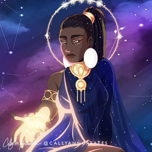 Ime, a goddess of the night, cradling a handful of stars. Illustration by CallyAnn Hamilton, callyanncreates