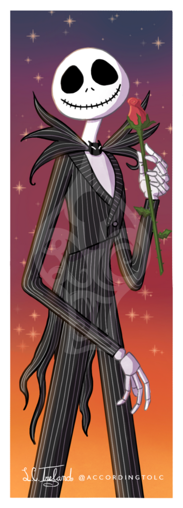 Jack Skellington from Disney's "The Nightmare Before Christmas" holding a rose and looking over his shoulder. Illustration by L.C. Ireland.