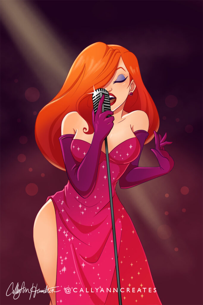 Jessica Rabbit from "Who Framed Roger Rabbit," singing into a microphone under a spotlight. Illustration by CallyAnn Hamilton, callyanncreates