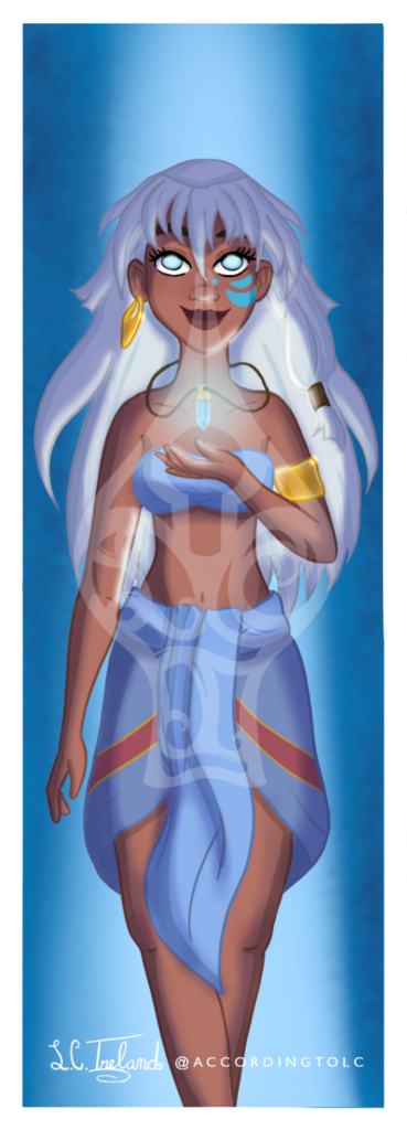 Kida from Disney's "Atlantis" holding her crystal pendant in a beam of blue light. Illustration by L.C. Ireland