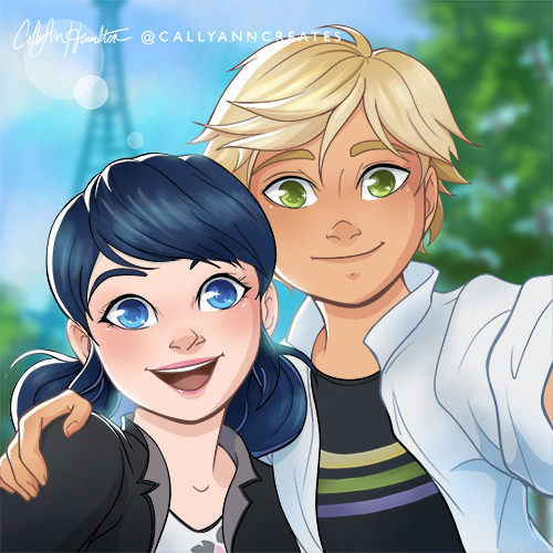 Marinette Dupain-Cheng and Adrien Agreste from "Miraculous: Tales of Ladybug and Cat Noir," posing for a selfie in front of the Eiffel Tower. Illustration by CallyAnn Hamilton, callyanncreates