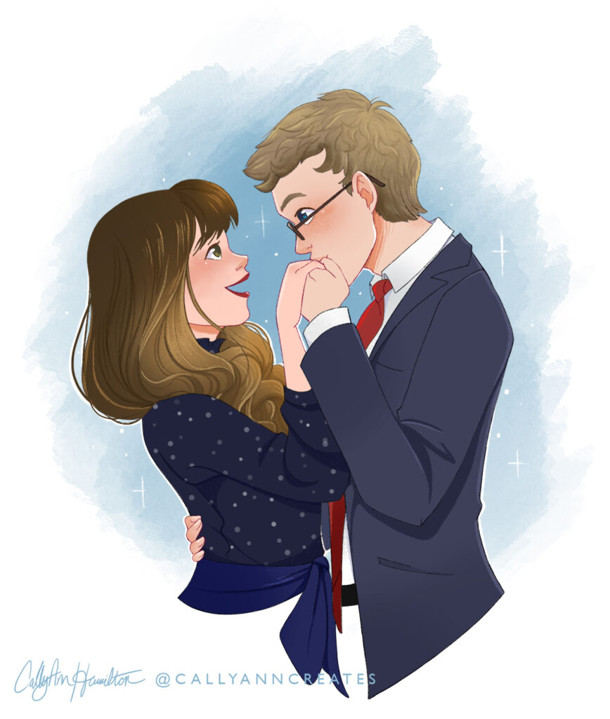 An illustration of a young couple, Max and Sarah. Sarah, a brunette in a blue blouse, smiles up at Max, a blond in a dark blue suit and red tie, as he kisses her hand. Illustration by CallyAnn Hamilton, callyanncreates