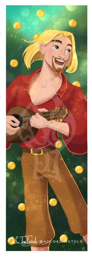 Miguel from Dreamwork's "The Road to El Dorado" playing his mandolin and smiling. Illustration by LC. Ireland and CallyAnn Hamilton, callyanncreates