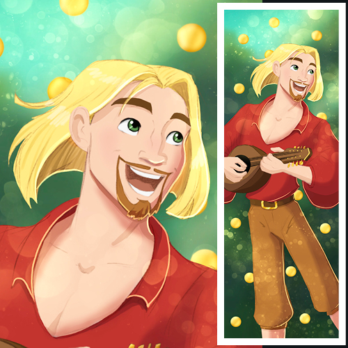 Miguel from Dreamwork's "The Road to El Dorado" playing his mandolin and smiling. Illustration by LC. Ireland and CallyAnn Hamilton, callyanncreates