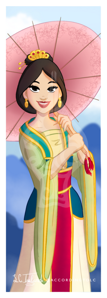 Mulan from Disney's "Mulan," holding a pink parasol. Illustration by L.C. Ireland.