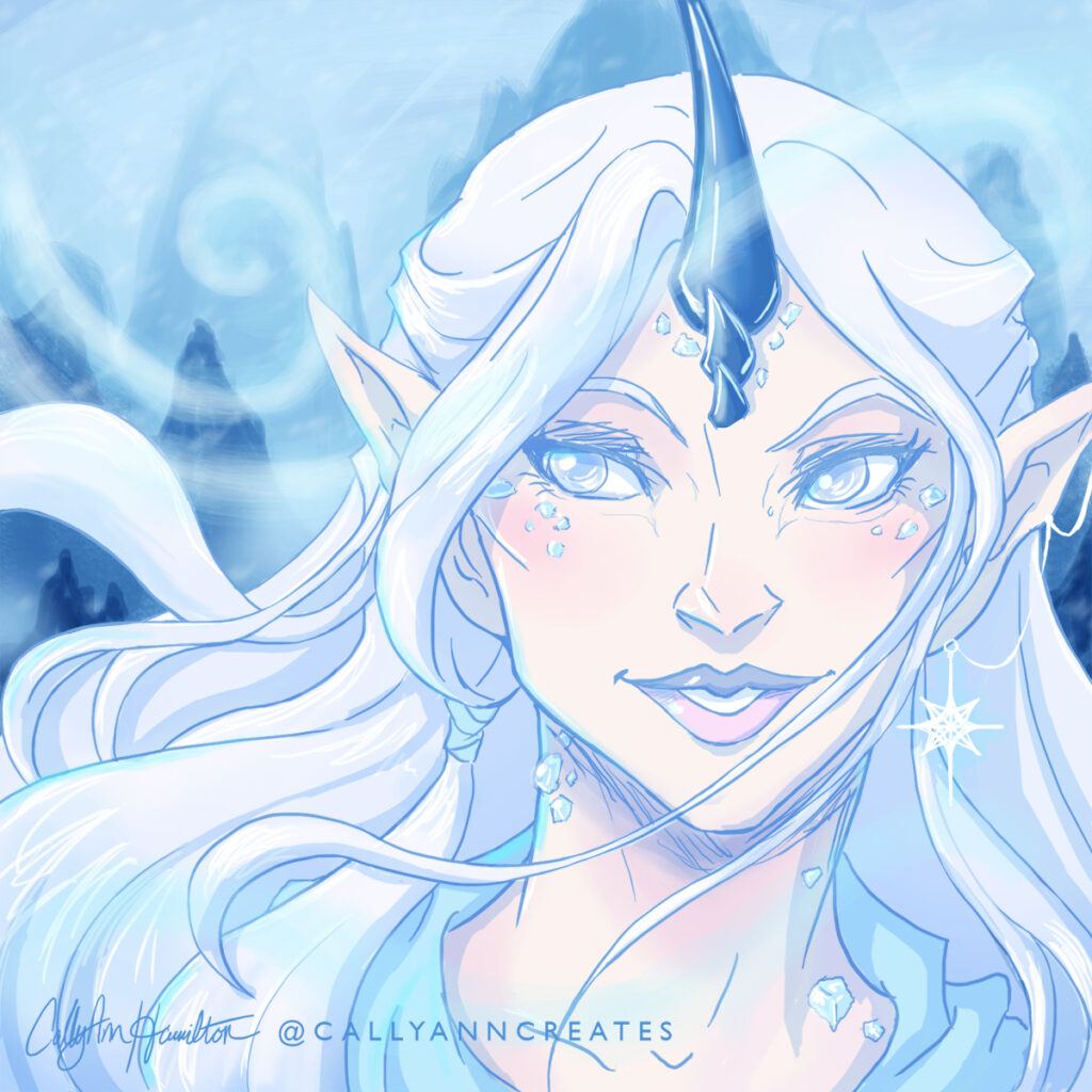 A portrait of Rime, A pale-skinned woman with long white hair and subtle draconic features, including blue horns, long pointed ears, and ice-like scales. Illustration by CallyAnn Hamilton, callyanncreates