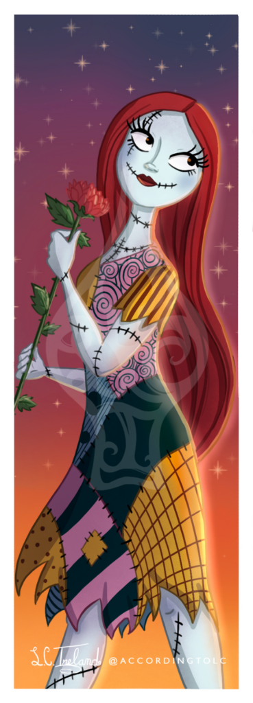 Sally from Disney's "The Nightmare Before Christmas" holding a rose and looking over her shoulder. Illustration by L.C. Ireland.