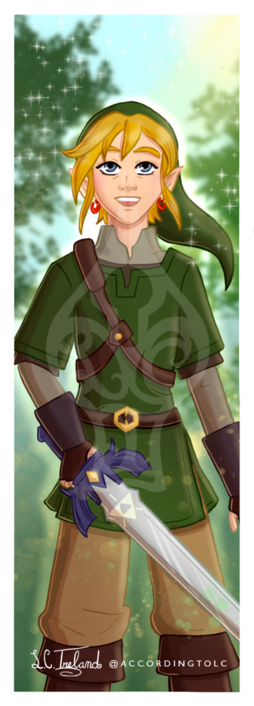 Link from the Nintendo game "Legend of Zelda: Skyward Sword" holding the Master Sword. Illustration by L.C. Ireland.