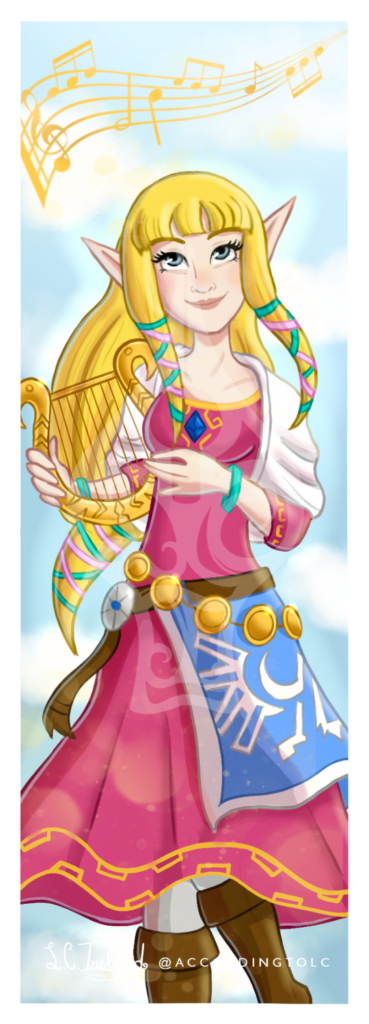 Princess Zelda from the Nintendo game "Legend of Zelda: Skyward Sword" holding a golden harp. Illustration by L.C. Ireland.