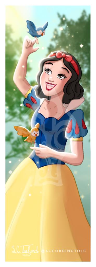 Snow White from Disney's "Snow White and the Seven Dwarfs" with two birds. Illustration by L.C. Ireland.