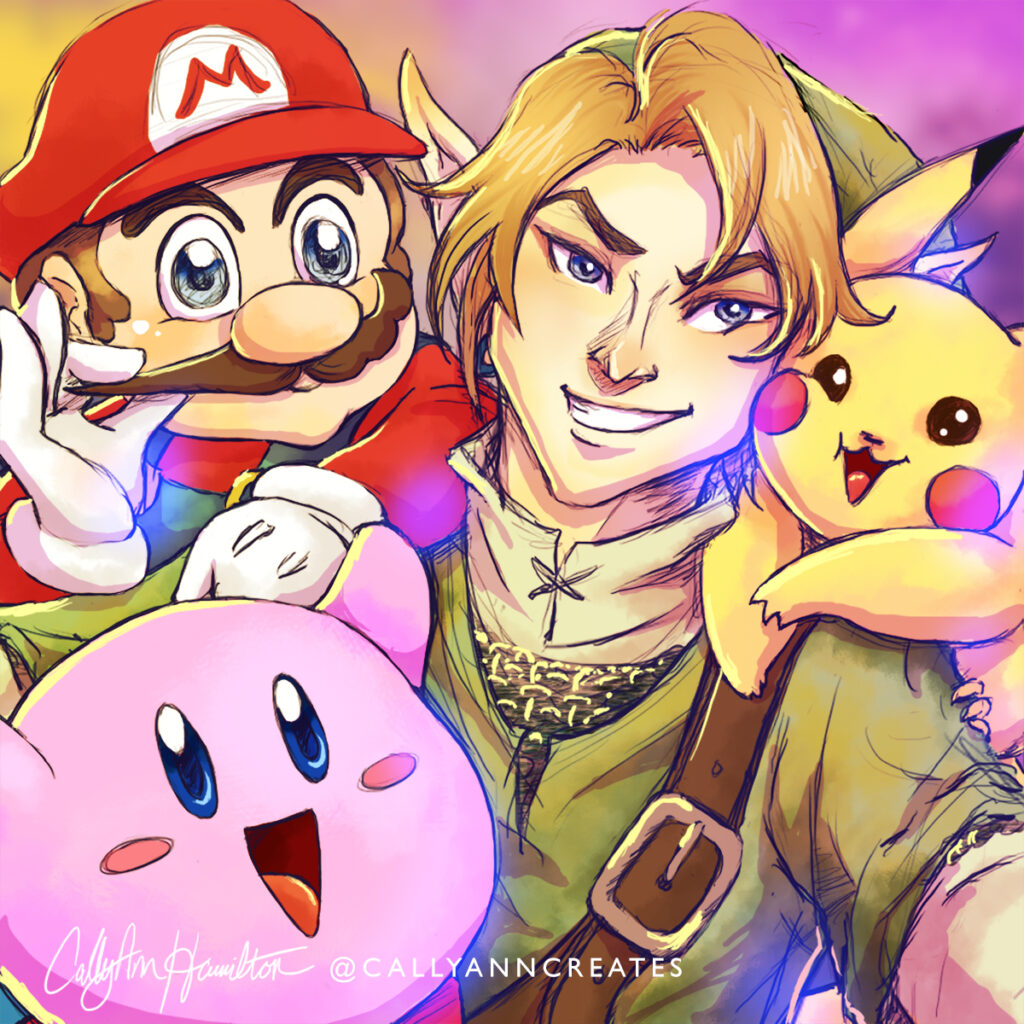 Mario (“Super Mario”), Link (“The Legend of Zelda”), Kirby (“Kirby”), and Pikachu (“Pokemon”) from “Super Smash Bros.” posing for a selfie. Illustration by CallyAnn Hamilton, callyanncreates