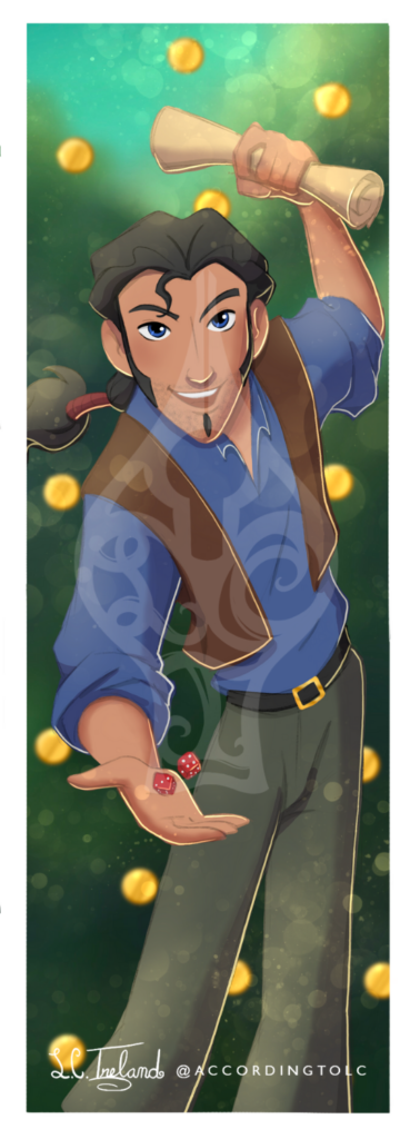 Tulio from Dreamwork's "The Road to El Dorado" holding dice and a map. Illustration by L.C. Ireland. 