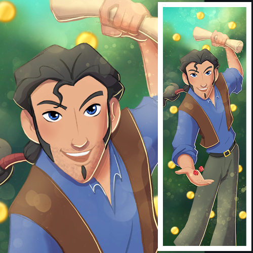 Tulio from Dreamwork's "The Road to El Dorado" holding dice and a map. Illustration by L.C. Ireland and CallyAnn Hamilton, callyanncreates.