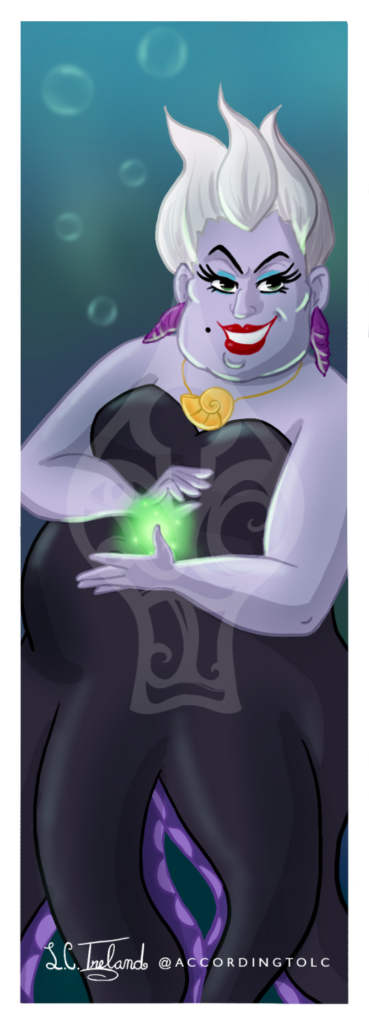 Ursula from Disney's "The Little Mermaid" holding green magic in her hands. Illustration by L.C. Ireland. 