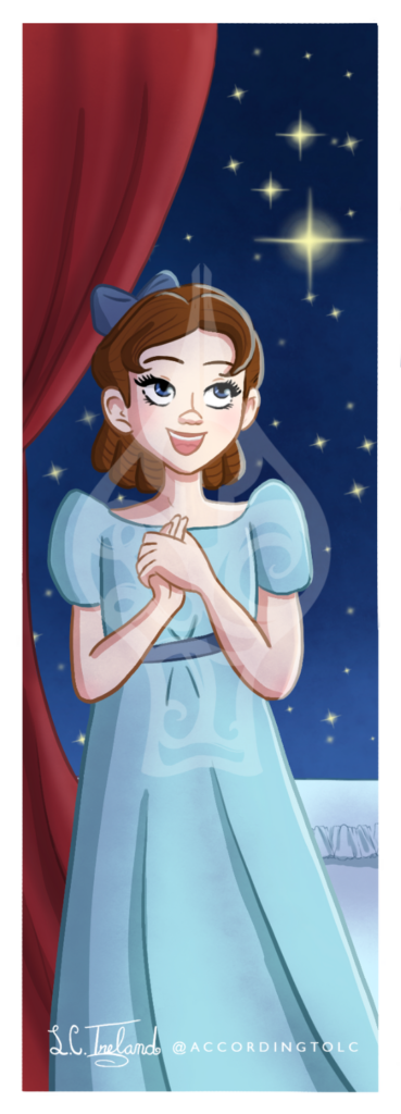 Wendy from Disney's "Peter Pan" clasping her hands and gazing out the window at the stars. Illustration by L.C. Ireland.