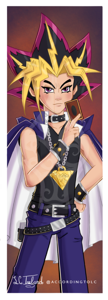 Yami Yugi from the anime "Yu-gi-oh" holding a card and smirking. Illustration by L.C. Ireland. 