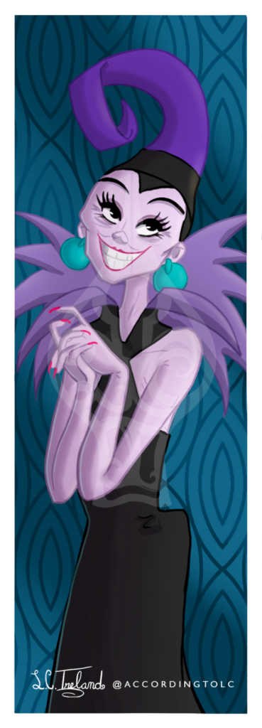 Yzma from Disney's "The Emperor's New Groove" smiling and looking up. Illustration by L.C. Ireland. 