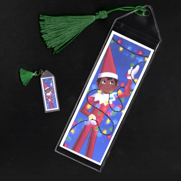 Brown-eyed boy Elf on the Shelf bookmark and mini bookmark with green tassels by L.C. Ireland, accordingtolc