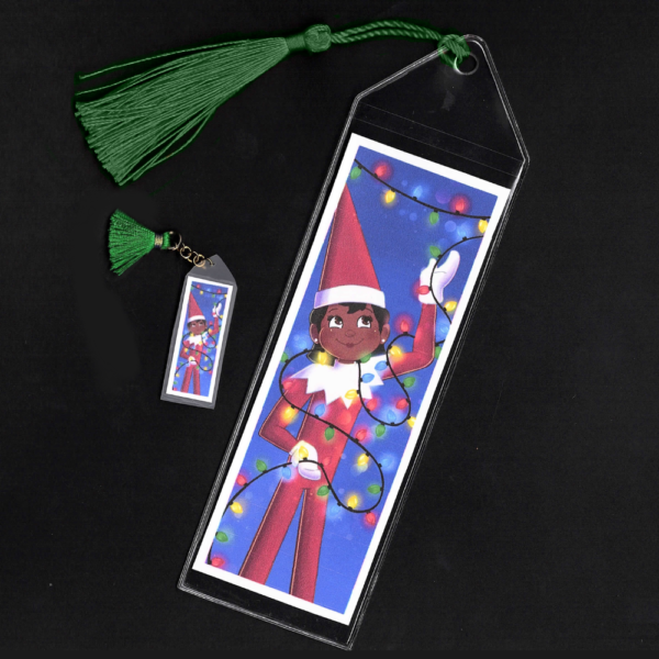 Brown-eyed girl Elf on the Shelf bookmark and mini bookmark with green tassels by L.C. Ireland, accordingtolc