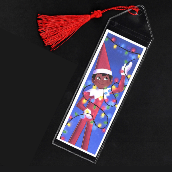 Brown-eyed boy Elf on the Shelf bookmark with red tassel by L.C. Ireland, accordingtolc